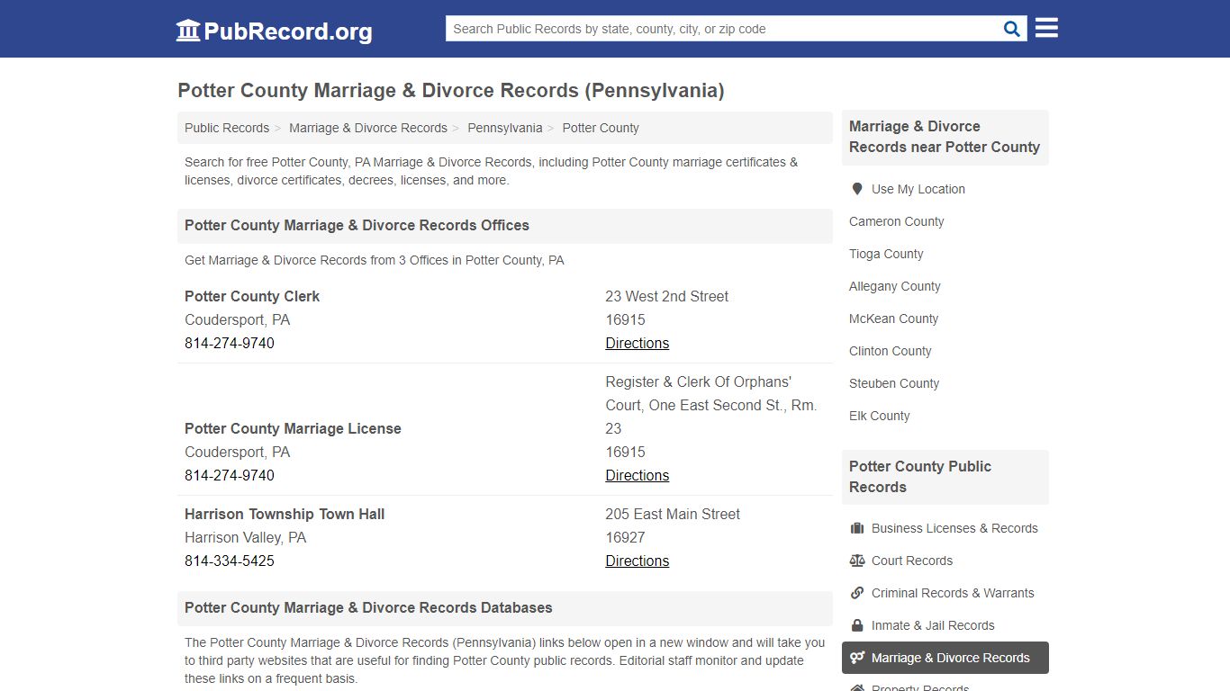 Potter County Marriage & Divorce Records (Pennsylvania)